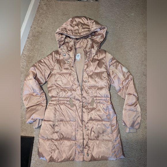 GAP KIDS Big Girl Rose Gold Hooded Long Puffer Jacket Size L. Worn Few Times